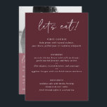 Modern Merlot Bröllop Menu med Photo Back Meny<br><div class="desc">Merlot/Burgundy/Vin Bröllop Menu: Den här moderna menyn bröllop innehåller handskrivningstext på en merlot-bakgrund på framsidan med parets foto och tack för ditt meddelande på baksidan. Det är den perfekt dubbla-sidade bröllop-menyn som är  som både meny och gåva.</div>