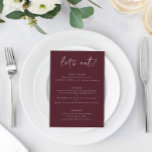 Modern Merlot Bröllop-meny med Tack på baksidan Meny<br><div class="desc">Merlot / Burgundy / Vin Bröllop Menu: Den här moderna dubblan bröllop är ett tack. Den innehåller handskriftstext på en merlot-bakgrund på framsidan med ett varmt tack på baksidan. Det är den perfekt dubbla-sidade bröllop-menyn som är  som både meny och gåva.</div>