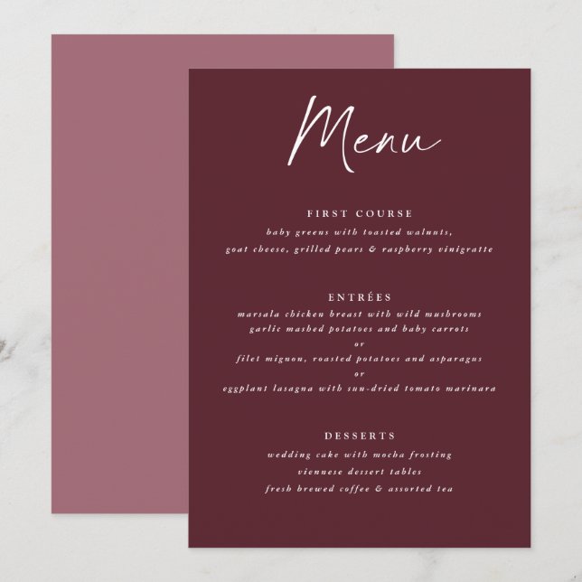 Modern Merlot Burgundy Handskrift Bröllop Meny (Fram/baksida)