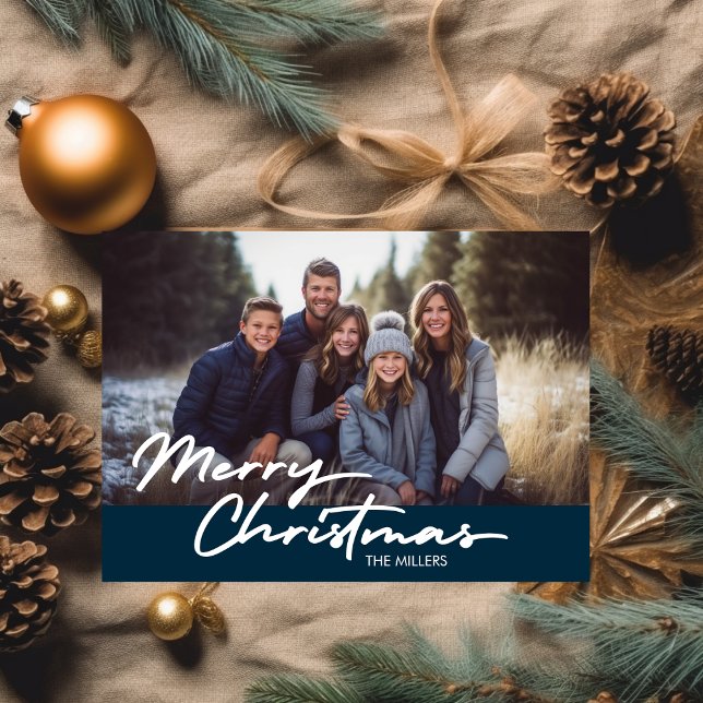 Modern Merriest jul 1 Photo Navy Play Julkort (Modern Merriest Christmas 1 Photo Navy Plaid Holiday Card)