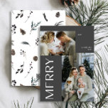 Modern Merry 2 Photo Black Winter Watercolor Julkort<br><div class="desc">I år ska du låta dina vänner och familj veta att du bryr dig om det moderna Merry 2 Photo Black Winter Watercolor-julkortet. Det är inte bara snyggt och aktuellt, utan det finns tillräckligt med utrymme för att du ska kunna inkludera två av dina favoritminnen från det senaste året. Utformningen...</div>
