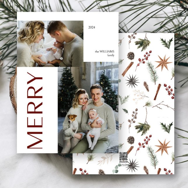 Modern Merry 2 Photo Botanical Watercolor Julkort (Skapare uppladdad)