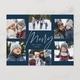 Modern merry 6 fotojulklapp marin blått helg vykort