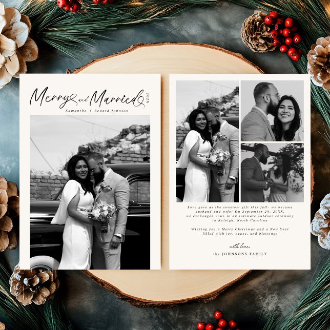 Modern Merry and Married Newlywed Script Christmas Julkort (Skapare uppladdad)