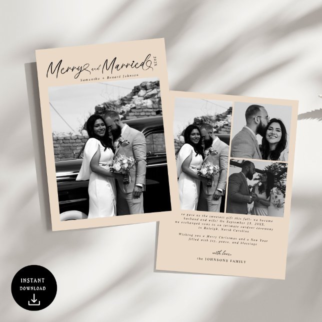 Modern Merry and Married Newlywed Script Christmas Julkort (Skapare uppladdad)