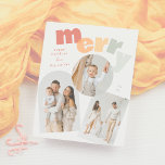 Modern Merry Arch jul Photo Collage Budget<br><div class="desc">Budgetkort för julfotnoter med "Merry" i ord i fetstil, överlappande typografi för en roligt, lekande utseende. På framsidan finns tre foton, en båge, en cirkel och en rektangel, tillsammans med ett färgstarkt hälsning, namn och ett år mellan bilder. Färg-programmet är en smart och glad blandning av pastellrött, orange, gult och...</div>