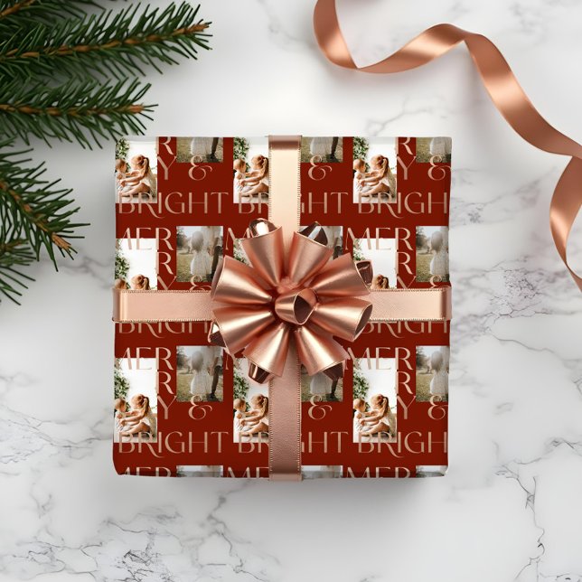 Modern Merry Bright Bold Typography 2 Photo Red Presentpapper (Modern Merry Bright Bold Typography 2 Photo Red Wrapping Paper)