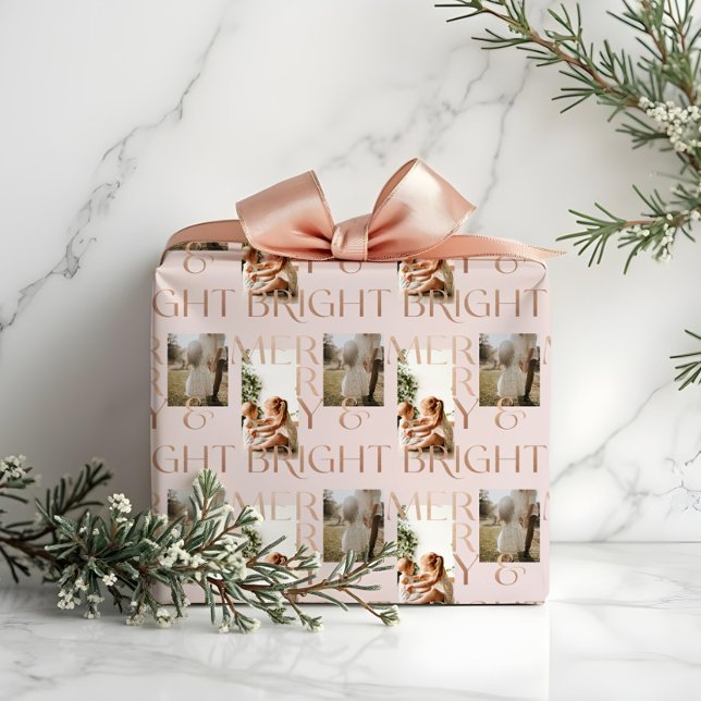 Modern Merry Bright Bold Typography 2 Photo Rosa Presentpapper (Modern Merry Bright Bold Typography 2 Photo Pink Wrapping Paper)