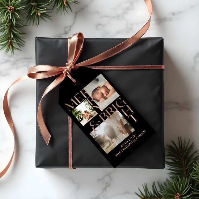Modern Merry Bright Bold Typography 3 Photo Black Presentetikett (Modern Merry Bright Bold Typography 3 Photo Black Gift Tags)