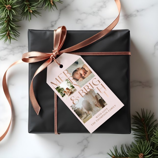 Modern Merry Bright Bold Typography 3 Photo Rosa Presentetikett (Modern Merry Bright Bold Typography 3 Photo Pink Gift Tags)