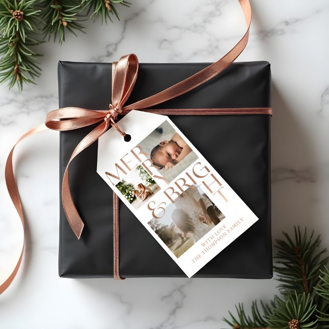 Modern Merry Bright Bold Typography 3 Photo White Presentetikett (Modern Merry Bright Bold Typography 3 Photo White Gift Tags)
