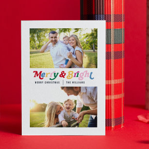 Modern merry & Bright Colorful Retro 2-foto Julkort
