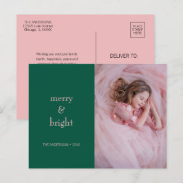 Modern Merry & Bright-Grönt- och Rosa-foto Helg Vykort