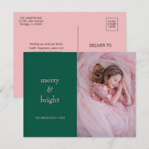 Modern Merry & Bright-Grönt- och Rosa-foto Helg Vykort
