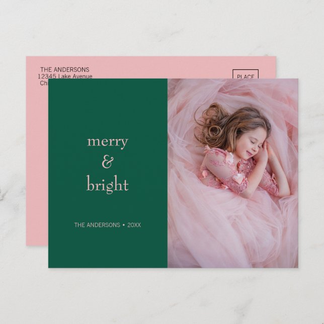 Modern Merry & Bright-Grönt- och Rosa-foto Helg Vykort (Fram/baksida)