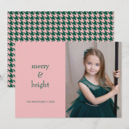 Modern Merry & Bright-Grönt- och Rosa-foto Julkort