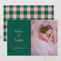 Modern Merry & Bright-Grönt- och Rosa-foto Julkort