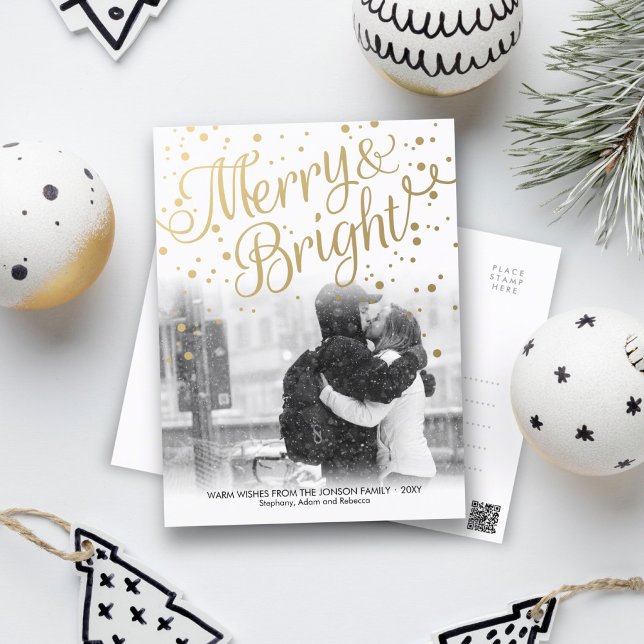 Modern Merry Bright Guld Confetti Photo Postcard Helg Vykort (Skapare uppladdad)