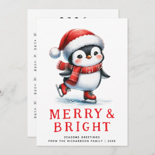 Modern Merry Bright Ice Skating Penguin jul Julkort