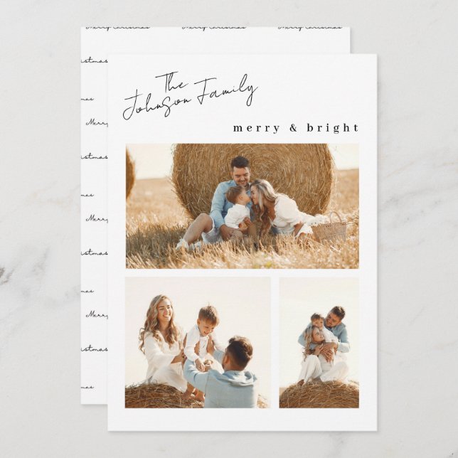 Modern merry & Bright jul-familj två foto Julkort (Fram/baksida)