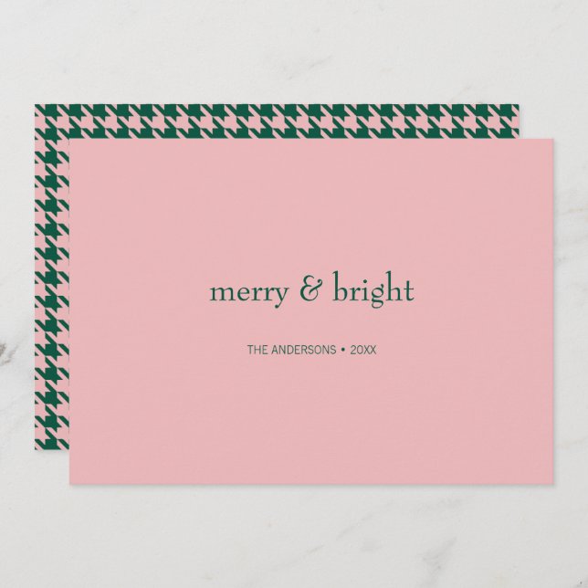 Modern merry & Bright Jul-Grönt och -Rosa Julkort (Fram/baksida)