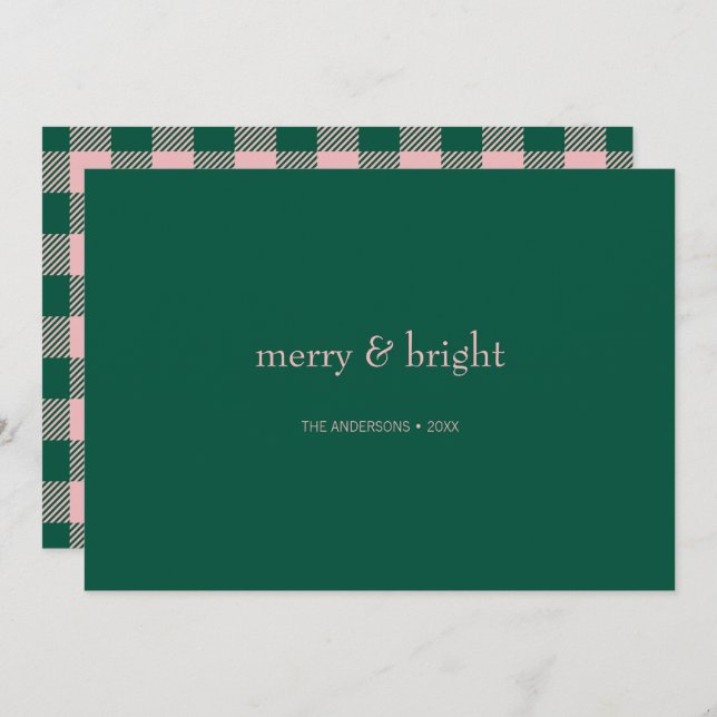 Modern merry & Bright Jul-Grönt och -Rosa Julkort (Fram/baksida)