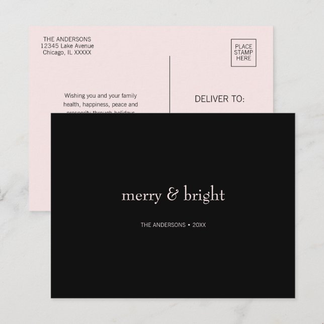 Modern merry & Bright-jul Rosa och svart Helg Vykort (Fram/baksida)