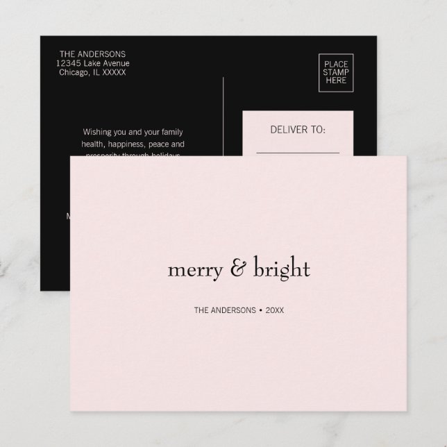 Modern merry & Bright-jul Rosa och svart Helg Vykort (Fram/baksida)