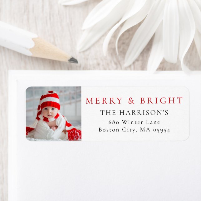 Modern Merry & Bright Photo Adress Returadress Etikett (Insitu)