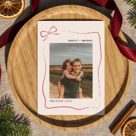 Modern Merry Bright Red Bow Family Photo Christmas Julkort