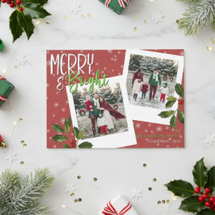 Modern Merry & Bright Red Snowflake Holly Photo Julkort