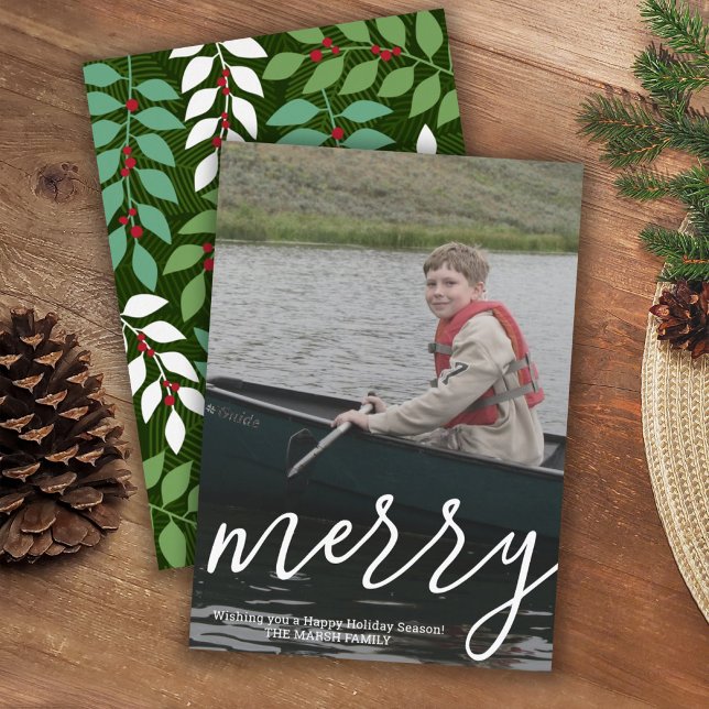 Modern Merry Calligraphy-Lodrät Photo botanical Julkort (Skapare uppladdad)