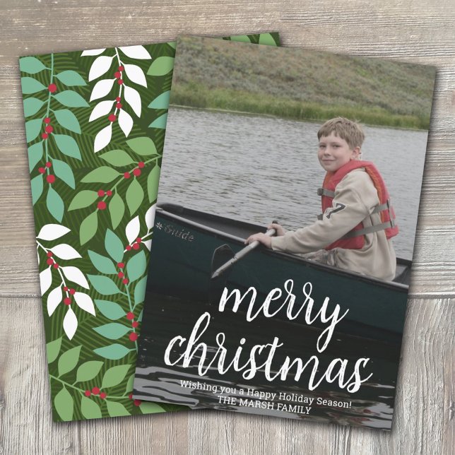 Modern Merry Calligraphy-Lodrät Photo botanical Julkort (Skapare uppladdad)