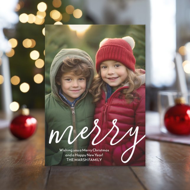 Modern Merry Calligraphy-Lodrät Photo botanical Julkort (Christmas Photo Card)