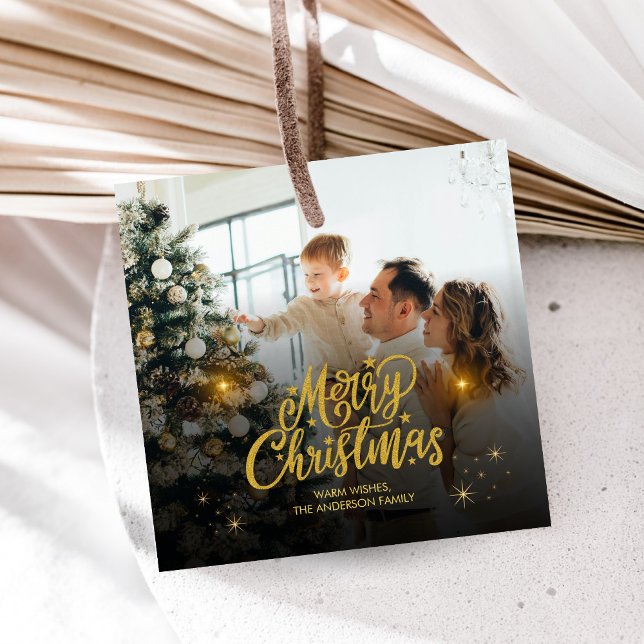 Modern Merry Christmas Family Photo Gåvor Etiketter (Modern Christmas Family Holiday Favor Tags)
