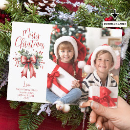 Modern Merry Christmas Foto Script Holly Bow Julkort