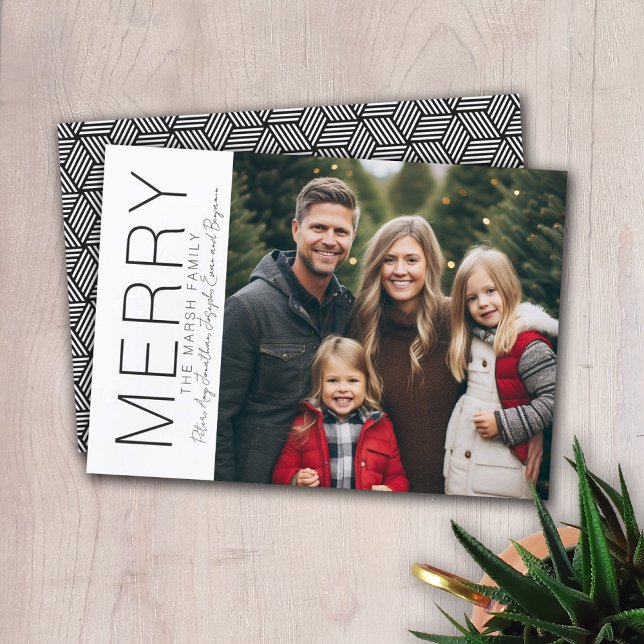 Modern Merry Christmas Foto Svart Vitt Minimal Julkort (Modern Christmas Card with 1 Photo)