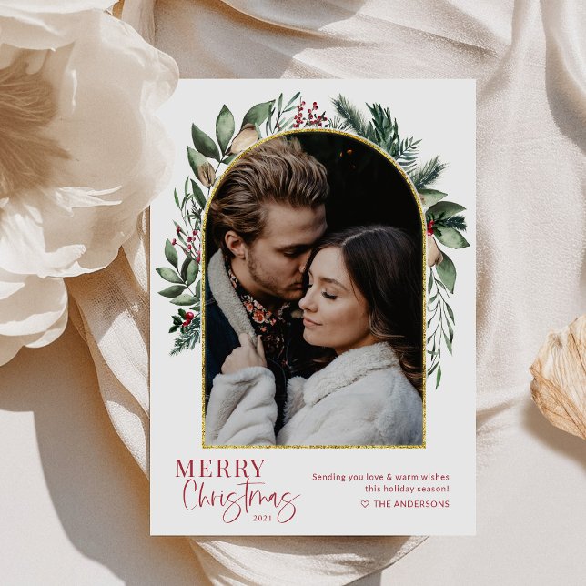 Modern Merry Christmas Grönska Guld Båge Foto Julkort (Skapare uppladdad)