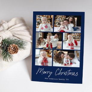 Modern Merry Christmas handskriven text Marinblå 6 Julkort