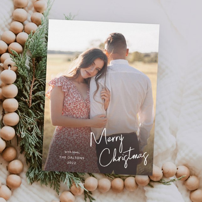Modern Merry Christmas manus skript Enkel Foto (Simple Handwritten Script Merry Christmas Photo Holiday Magnetic Card.)