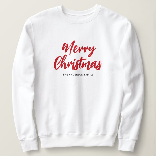 Modern Merry Christmas Red Script Family Name T Shirt (Design framsida)