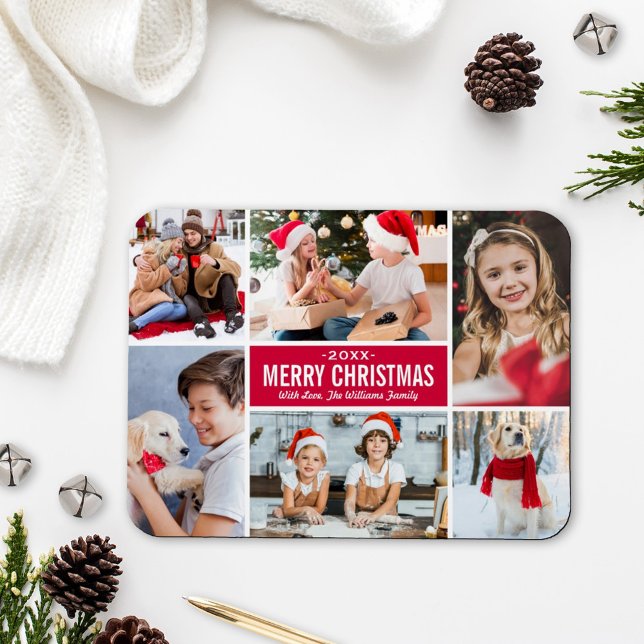 Modern Merry Christmas Röd Foto Collage Magnet (Skapare uppladdad)