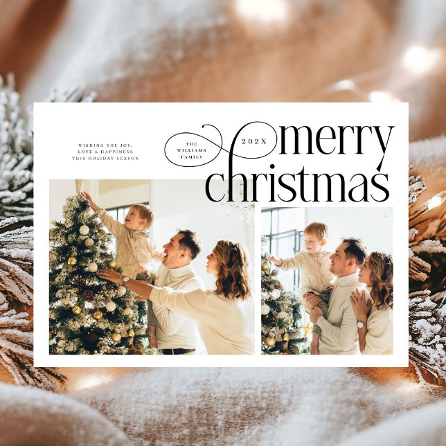 Modern Merry Christmas simple 2 photos family  Julkort (Skapare uppladdad)
