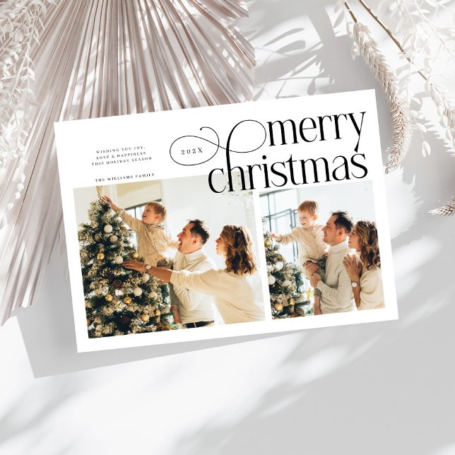 Modern Merry Christmas simple 2 photos family  Julkort (Skapare uppladdad)