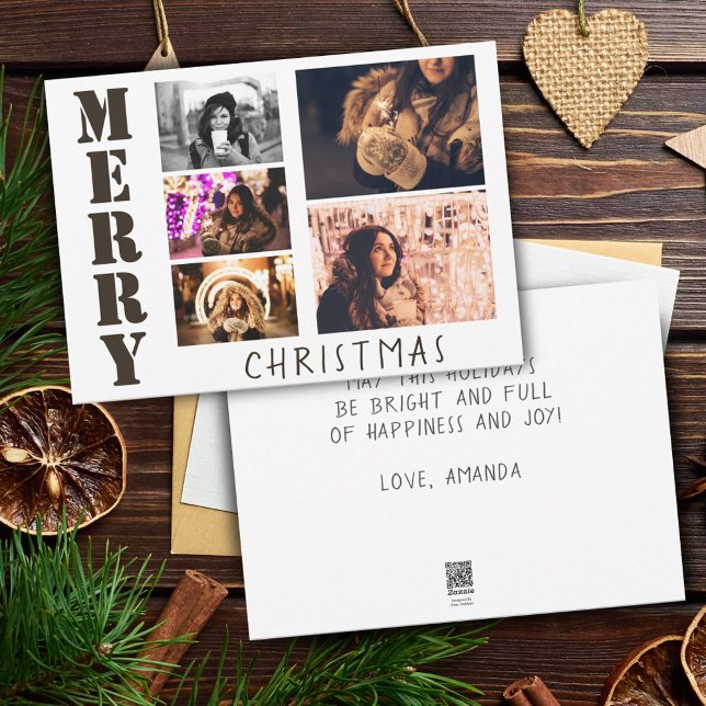 Modern Merry Christmas Typografi 5 Foto Collage Julkort (Skapare uppladdad)
