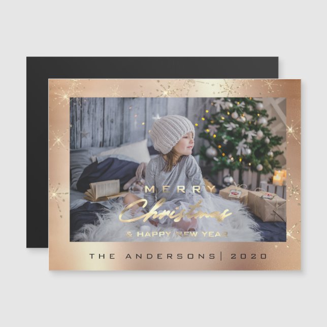 Modern Merry Helgdag Photo Guld Spark Ro Sparkly Magnetisk Inbjudningskort (Fram/baksida)