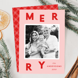 Modern Merry Letters Rosa & Röd Foto Julkort