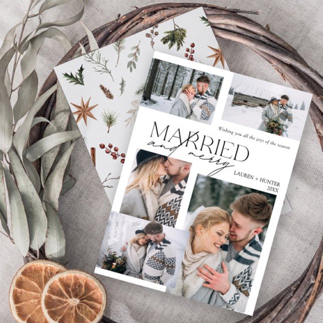 Modern merry & Married 5 Photo Newlyed Julkort (Easily personalize this newlywed photo holiday card with five of your favorite image and deets)