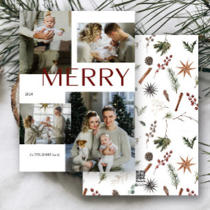 Modern Merry Multi Photo Botanical Watercolor Julkort