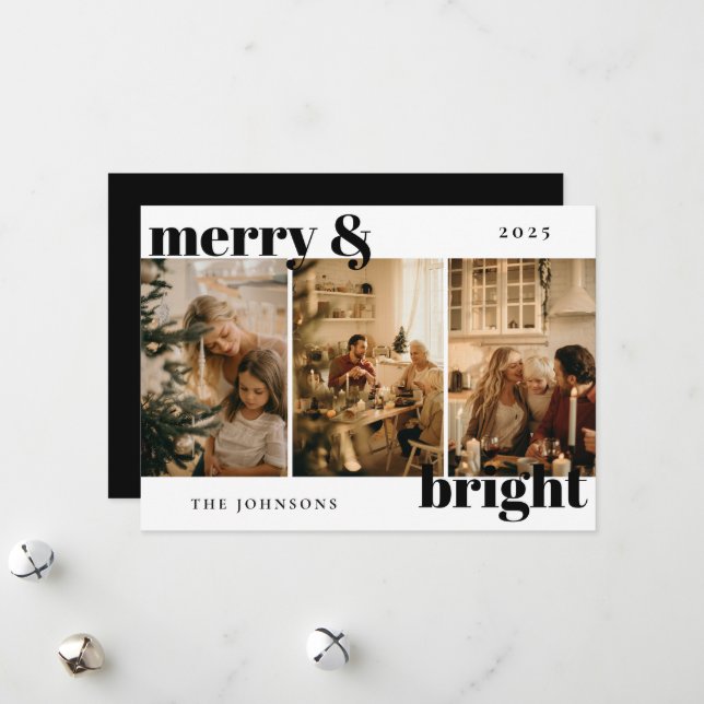 Modern Merry och Bright 3 Photo Helgdag Card Julkort (Fram/Back In Situ)